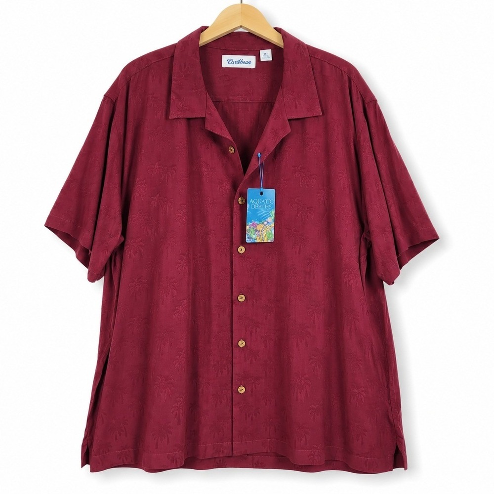 Caribbean Button Up Shirt Mens XXL Burgundy Palm Tree Jacquard Camp Beachy